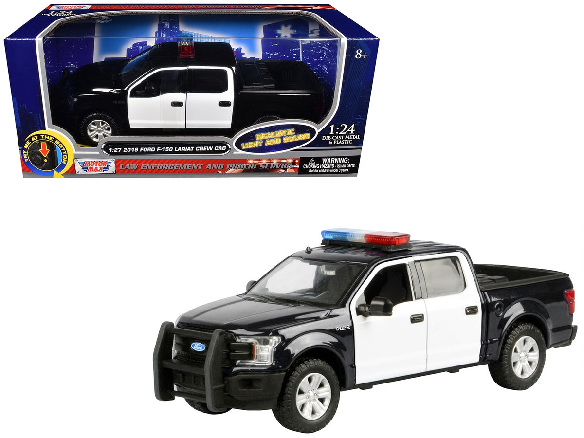 2019 Ford F-150 Lariat Crew Cab Pickup Truck Black and White with Flashing Light Bar and Front and Rear Lights and Sounds 1/24-1/27 Diecast Model Car by Motormax
