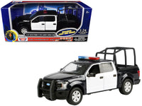 2019 Ford F-150 Lariat Crew Cab Pickup Truck with Bed Cage Black and White with Flashing Light Bar and Front and Rear Lights and Sounds 1/24-1/27 Diecast Model Car by Motormax