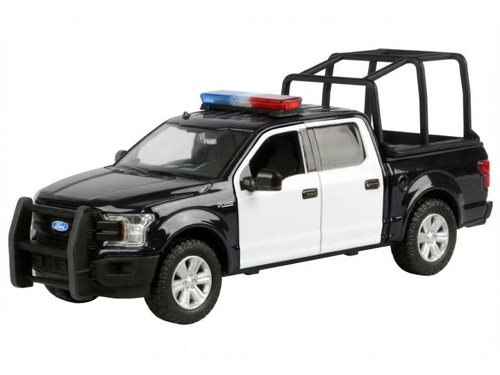2019 Ford F-150 Lariat Crew Cab Pickup Truck with Bed Cage Black and White with Flashing Light Bar and Front and Rear Lights and Sounds 1/24-1/27 Diecast Model Car by Motormax image 2