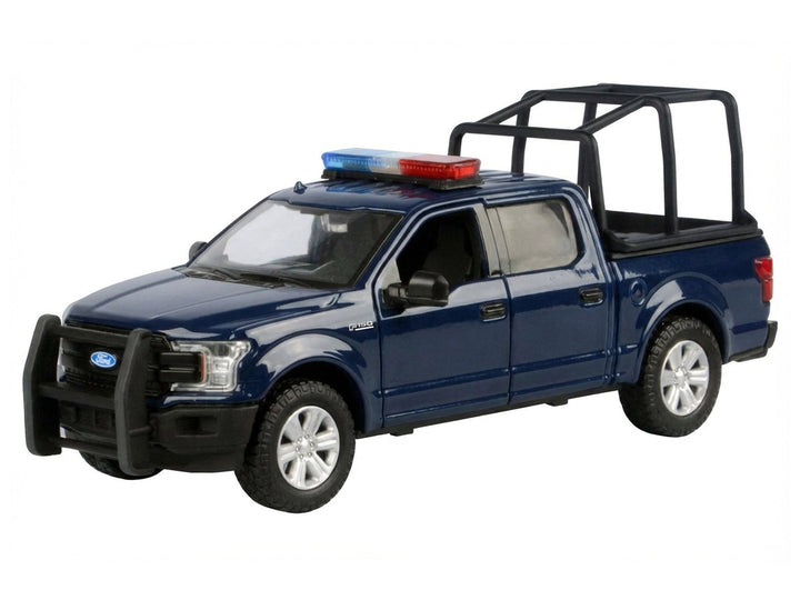 2019 Ford F-150 Lariat Crew Cab Pickup Truck with Bed Cage Dark Blue with Flashing Light Bar and Front and Rear Lights and Sounds 1/24-1/27 Diecast Model Car by Motormax image 2