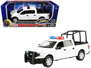 2019 Ford F-150 Lariat Crew Cab Pickup Truck with Bed Cage White with Flashing Light Bar and Front and Rear Lights and Sounds 1/24-1/27 Diecast Model Car by Motormax