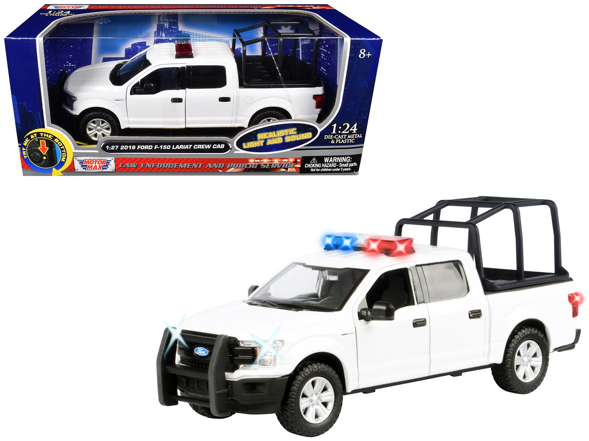 2019 Ford F-150 Lariat Crew Cab Pickup Truck with Bed Cage White with Flashing Light Bar and Front and Rear Lights and Sounds 1/24-1/27 Diecast Model Car by Motormax