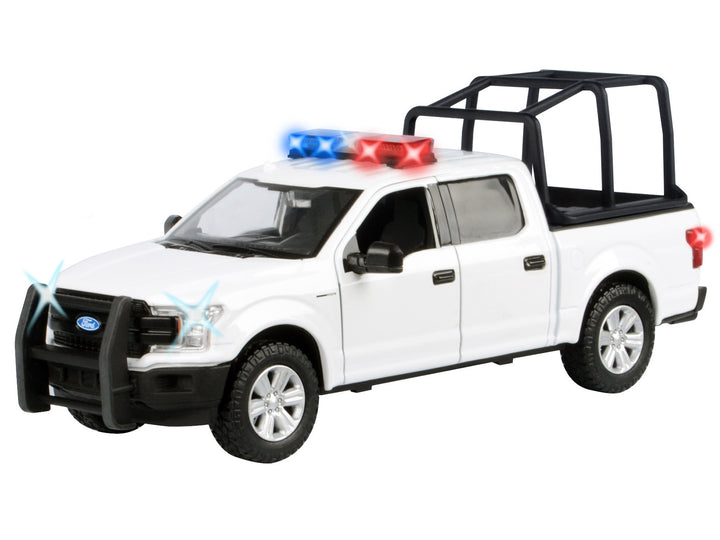 2019 Ford F-150 Lariat Crew Cab Pickup Truck with Bed Cage White with Flashing Light Bar and Front and Rear Lights and Sounds 1/24-1/27 Diecast Model Car by Motormax image 2