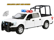 2019 Ford F-150 Lariat Crew Cab Pickup Truck with Bed Cage White with Flashing Light Bar and Front and Rear Lights and Sounds 1/24-1/27 Diecast Model Car by Motormax image 3