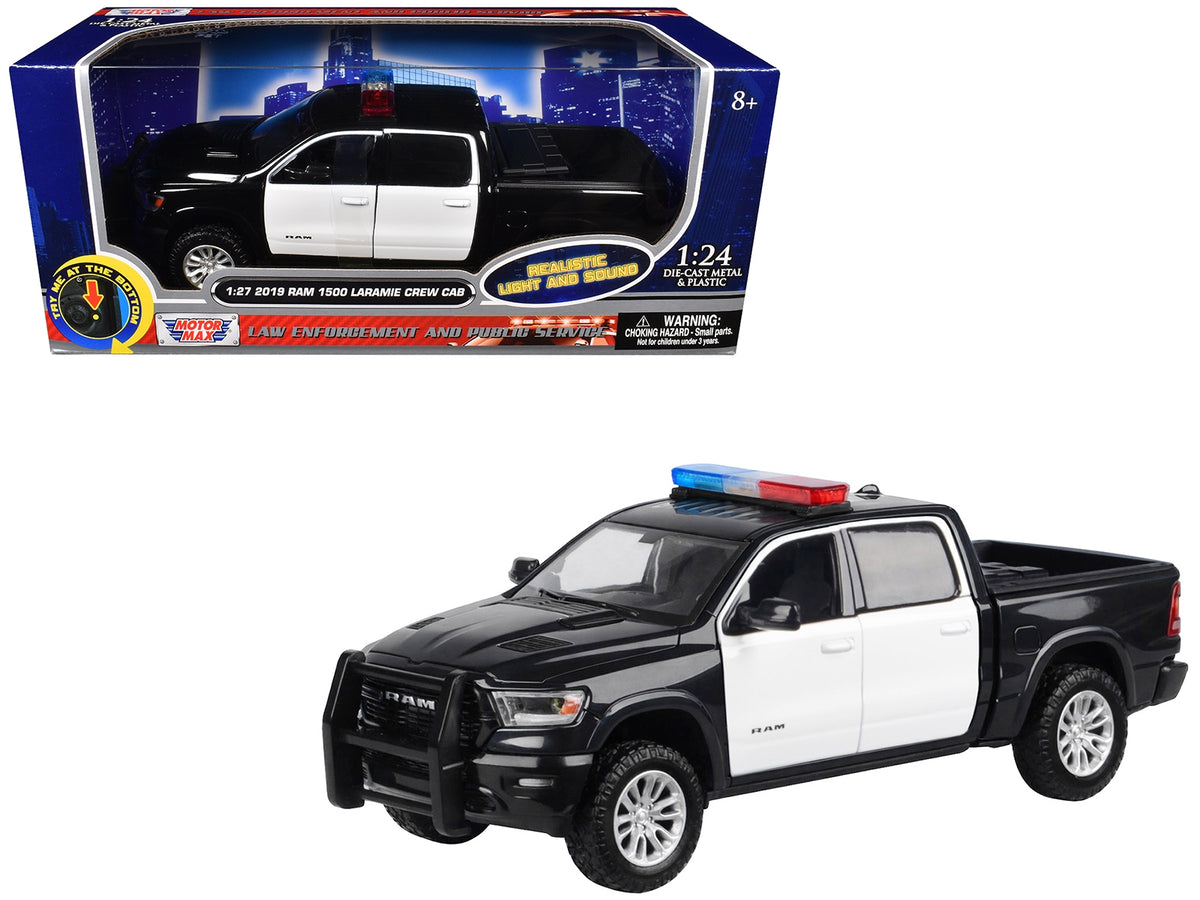 2019 RAM 1500 Laramie Crew Cab Pickup Truck Black and White with Flashing Light Bar and Front and Rear Lights and Sounds 1/24-1/27 Diecast Model Car by Motormax