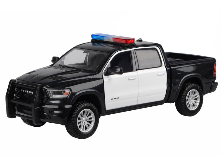 2019 RAM 1500 Laramie Crew Cab Pickup Truck Black and White with Flashing Light Bar and Front and Rear Lights and Sounds 1/24-1/27 Diecast Model Car by Motormax image 2