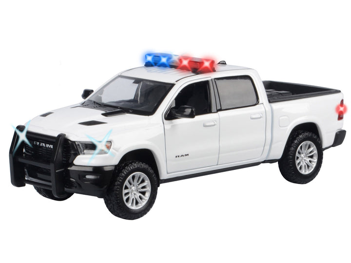 2019 RAM 1500 Laramie Crew Cab Pickup Truck White with Flashing Light Bar and Front and Rear Lights and Sounds 1/24-1/27 Diecast Model Car by Motormax image 2