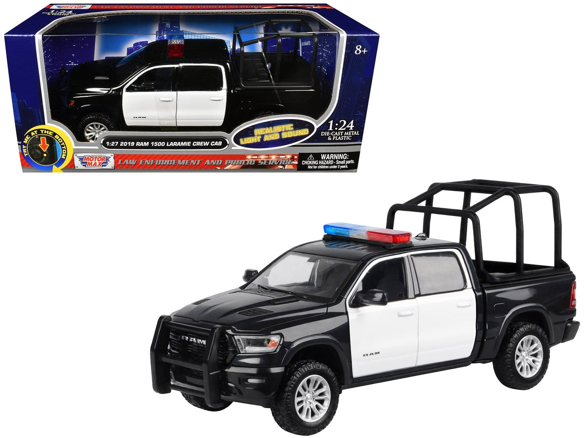 2019 RAM 1500 Laramie Crew Cab Pickup Truck with Bed Cage Black and White with Flashing Light Bar and Front and Rear Lights and Sounds 1/24-1/27 Diecast Model Car by Motormax