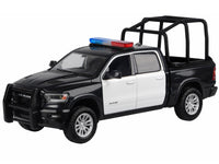 2019 RAM 1500 Laramie Crew Cab Pickup Truck with Bed Cage Black and White with Flashing Light Bar and Front and Rear Lights and Sounds 1/24-1/27 Diecast Model Car by Motormax image 2