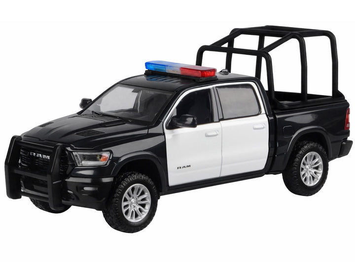 2019 RAM 1500 Laramie Crew Cab Pickup Truck with Bed Cage Black and White with Flashing Light Bar and Front and Rear Lights and Sounds 1/24-1/27 Diecast Model Car by Motormax image 2