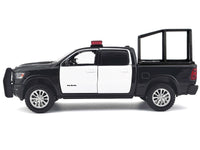 2019 RAM 1500 Laramie Crew Cab Pickup Truck with Bed Cage Black and White with Flashing Light Bar and Front and Rear Lights and Sounds 1/24-1/27 Diecast Model Car by Motormax image 3