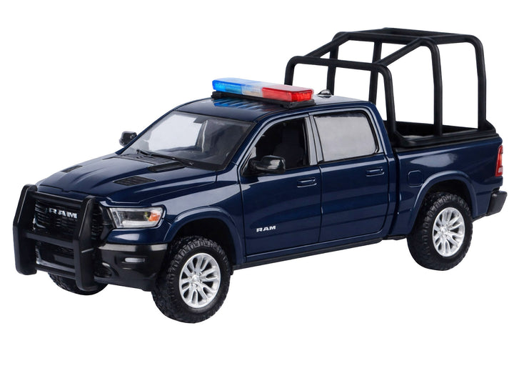 2019 RAM 1500 Laramie Crew Cab Pickup Truck with Bed Cage Dark Blue with Flashing Light Bar and Front and Rear Lights and Sounds 1/24-1/27 Diecast Model Car by Motormax image 2