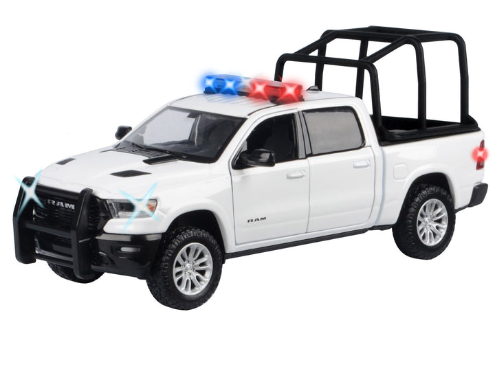 2019 RAM 1500 Laramie Crew Cab Pickup Truck with Bed Cage White with Flashing Light Bar and Front and Rear Lights and Sounds 1/24-1/27 Diecast Model Car by Motormax image 2