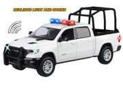 2019 RAM 1500 Laramie Crew Cab Pickup Truck with Bed Cage White with Flashing Light Bar and Front and Rear Lights and Sounds 1/24-1/27 Diecast Model Car by Motormax image 3