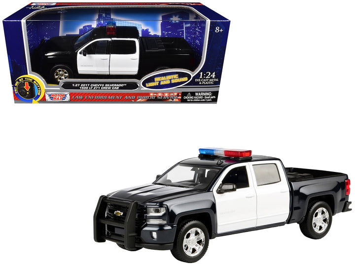 2017 Chevrolet Silverado 1500 LT Z71 Crew Cab Pickup Truck Black and White with Flashing Light Bar and Front and Rear Lights and Sounds 1/24-1/27 Diecast Model Car by Motormax
