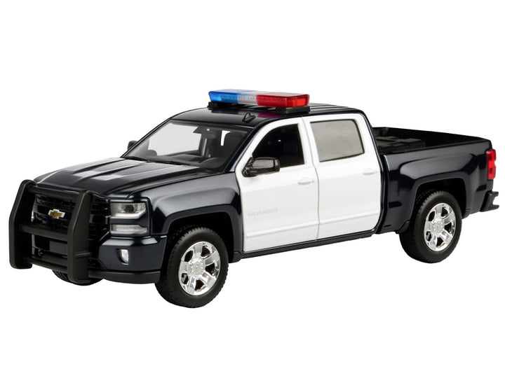 2017 Chevrolet Silverado 1500 LT Z71 Crew Cab Pickup Truck Black and White with Flashing Light Bar and Front and Rear Lights and Sounds 1/24-1/27 Diecast Model Car by Motormax image 2