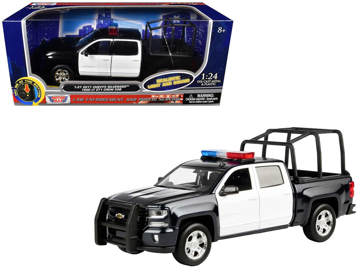 2017 Chevrolet Silverado 1500 LT Z71 Crew Cab Pickup Truck with Bed Cage Black and White with Flashing Light Bar and Front and Rear Lights and Sounds 1/24-1/27 Diecast Model Car by Motormax