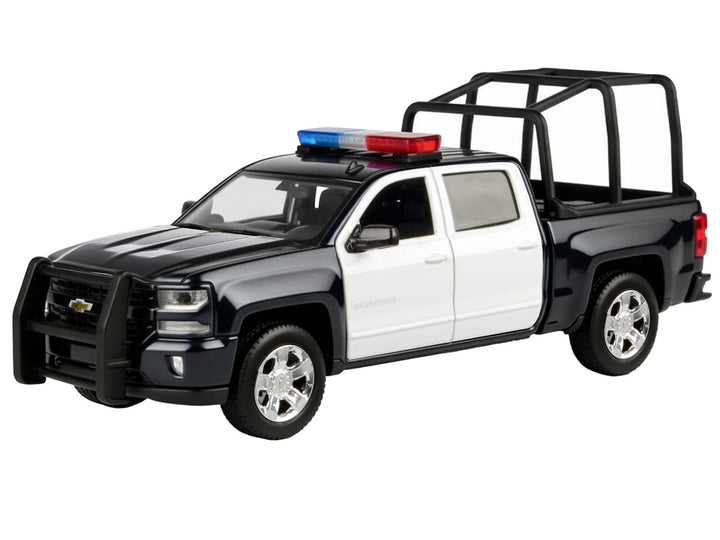 2017 Chevrolet Silverado 1500 LT Z71 Crew Cab Pickup Truck with Bed Cage Black and White with Flashing Light Bar and Front and Rear Lights and Sounds 1/24-1/27 Diecast Model Car by Motormax image 2