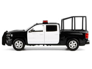 2017 Chevrolet Silverado 1500 LT Z71 Crew Cab Pickup Truck with Bed Cage Black and White with Flashing Light Bar and Front and Rear Lights and Sounds 1/24-1/27 Diecast Model Car by Motormax image 3