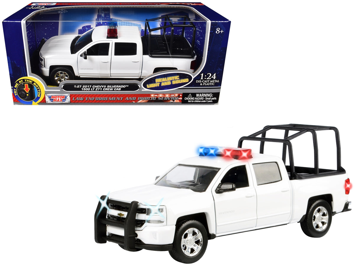 2017 Chevrolet Silverado 1500 LT Z71 Crew Cab Pickup Truck with White with Flashing Light Bar and Front and Rear Lights and Sounds 1/24-1/27 Diecast Model Car by Motormax