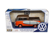 Volkswagen Type 2 (T1) Pickup with Surfboard Brown and Orange 1/24 Diecast Model Car by Motormax image 3