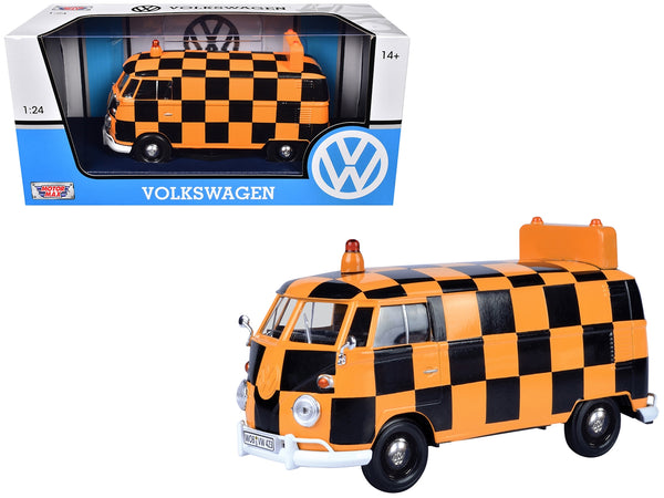 Volkswagen Type 2 (T1) Airport Runway Delivery Van Black and Orange Checkered 1/24 Diecast Model Car by Motormax