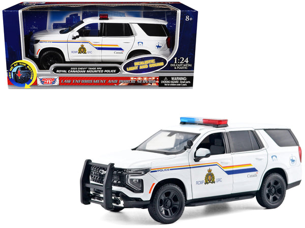 2025 Chevrolet Tahoe PPV "RCMP (Royal Canadian Mounted Police)" White with Stripes with Flashing Light Bar and Front and Rear Lights and Sounds 1/24 Diecast Model Car by Motormax