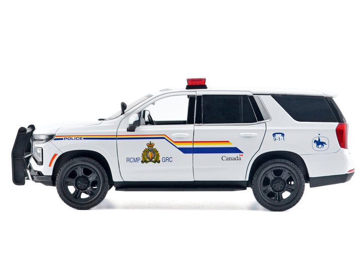 2025 Chevrolet Tahoe PPV "RCMP (Royal Canadian Mounted Police)" White with Stripes with Flashing Light Bar and Front and Rear Lights and Sounds 1/24 Diecast Model Car by Motormax image 2