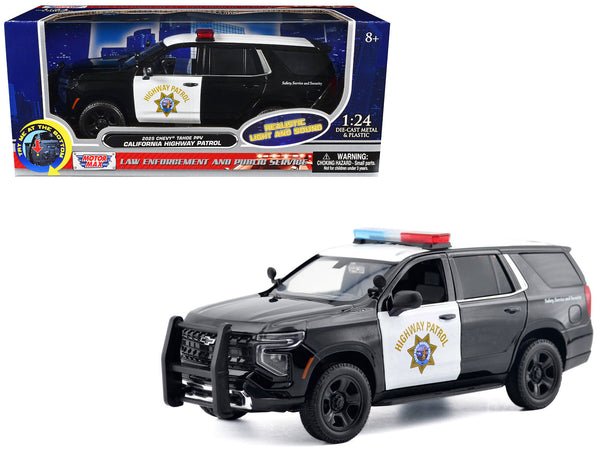 2025 Chevrolet Tahoe PPV "CHP (California Highway Patrol)" Black and White with Flashing Light Bar and Front and Rear Lights and Sounds 1/24 Diecast Model Car by Motormax