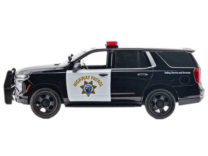2025 Chevrolet Tahoe PPV "CHP (California Highway Patrol)" Black and White with Flashing Light Bar and Front and Rear Lights and Sounds 1/24 Diecast Model Car by Motormax image 2