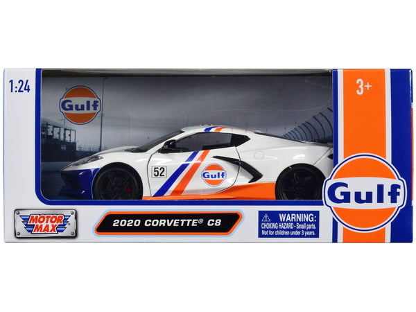 Motormax 2020 Chevrolet Corvette C8 number 52 white light blue Gulf Oil 1:24 79664GULF, view 1