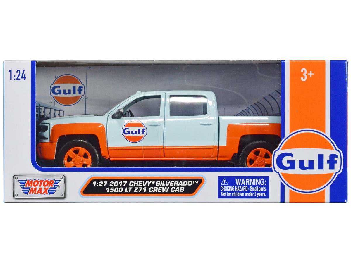 2017 Chevrolet Silverado 1500 LT Z71 Crew Cab Pickup Truck Light Blue with Orange Stripes "Gulf Oil" "Gulf Die-Cast Collection" 1/24-1/27 Diecast Model Car by Motormax