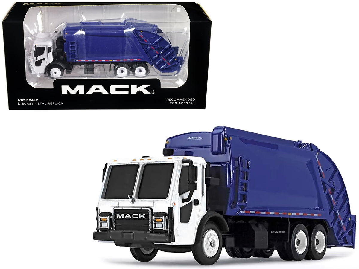First Gear Mack LR McNeilus rear-load refuse truck blue and white 1:87 HO 80-0352, view 1