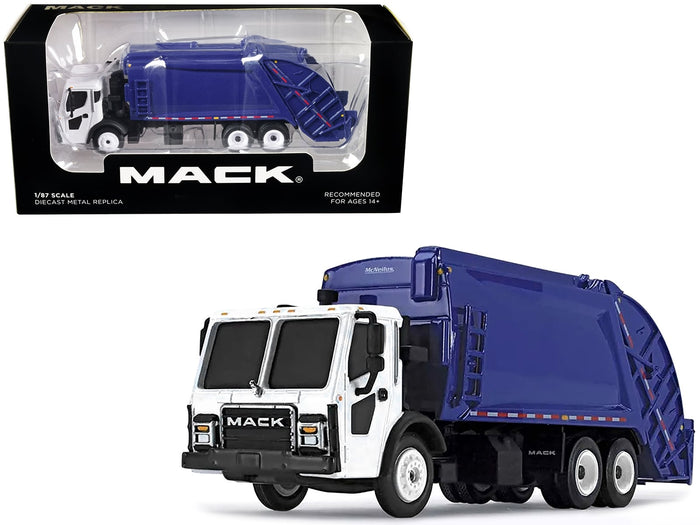 First Gear Mack LR McNeilus rear-load refuse truck blue and white 1:87 HO 80-0352, view 1
