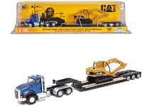 CAT Caterpillar CT660 Day Cab Tractor Blue Metallic with Lowboy Trailer and CAT 315C L Hydraulic Excavator Yellow 1/87 (HO) Diecast Model by Diecast Masters image 4