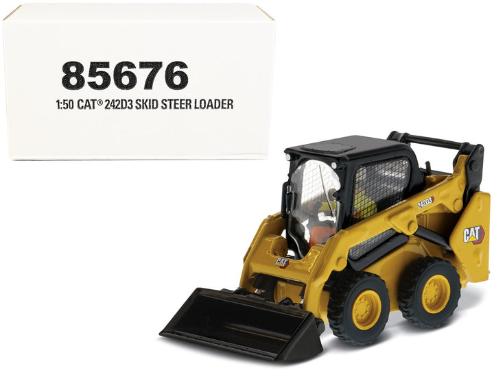 CAT Caterpillar 242D3 Wheeled Skid Steer Loader with Work Tools and Operator Yellow "High Line Series" 1/50 Diecast Model by Diecast Masters image 2