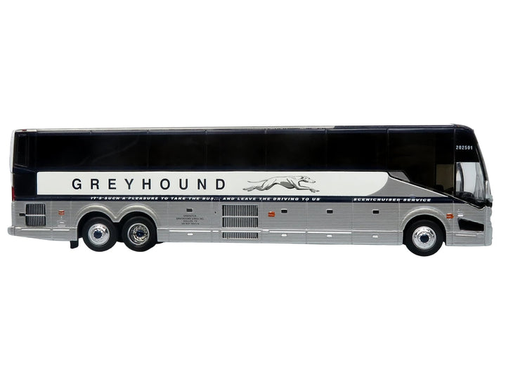 Prevost H3-45 Coach Bus "Greyhound Scenicruiser Service" White and Raw Metal "The Bus & Motorcoach Collection" Limited Edition to 504 pieces Worldwide 1/87 (HO) Scale Diecast Model by Iconic Replicas image 2
