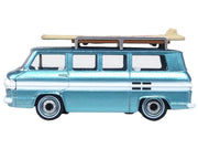 1961 Chevrolet Corvair Greenbrier Passenger Wagon Van Turquoise Metallic and Cameo White with Surfboards on Roof 1/87 (HO) Scale Diecast Model Car by Oxford Diecast image 2