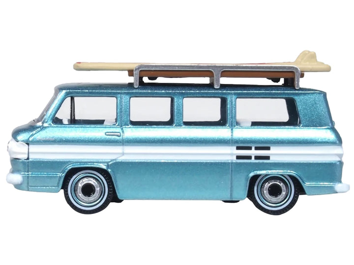 1961 Chevrolet Corvair Greenbrier Passenger Wagon Van Turquoise Metallic and Cameo White with Surfboards on Roof 1/87 (HO) Scale Diecast Model Car by Oxford Diecast image 2