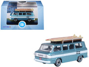 1961 Chevrolet Corvair Greenbrier Passenger Wagon Van Turquoise Metallic and Cameo White with Surfboards on Roof 1/87 (HO) Scale Diecast Model Car by Oxford Diecast image 4