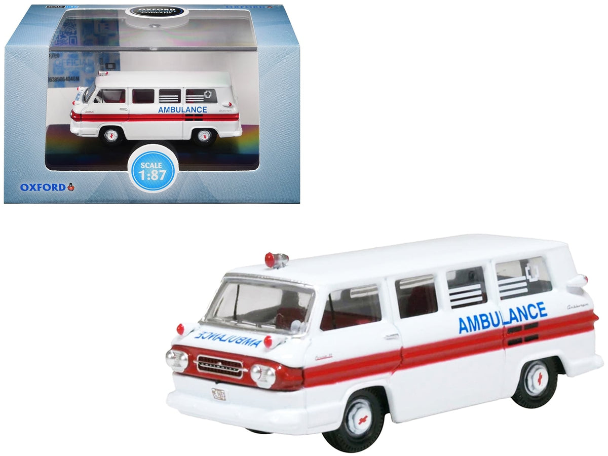 1962 Chevrolet Corvair Greenbrier AmbleWagon Ambulance White with Red Stripes 1/87 (HO) Scale Diecast Model Car by Oxford Diecast