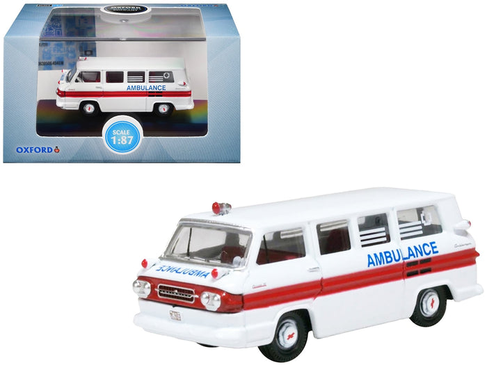 1962 Chevrolet Corvair Greenbrier AmbleWagon Ambulance White with Red Stripes 1/87 (HO) Scale Diecast Model Car by Oxford Diecast