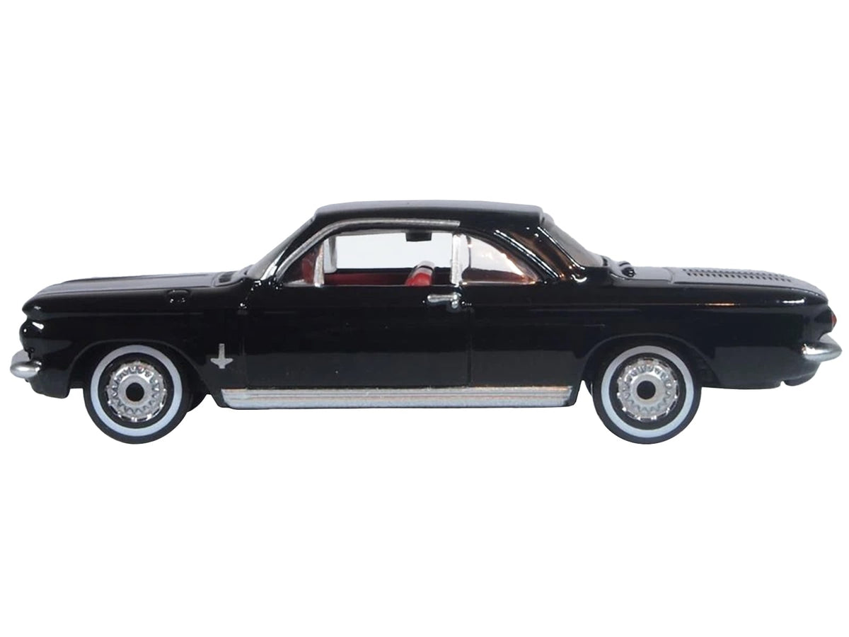 1963 Chevrolet Corvair Coupe Tuxedo Black with Red Interior 1/87 (HO) Scale Diecast Model Car by Oxford Diecast