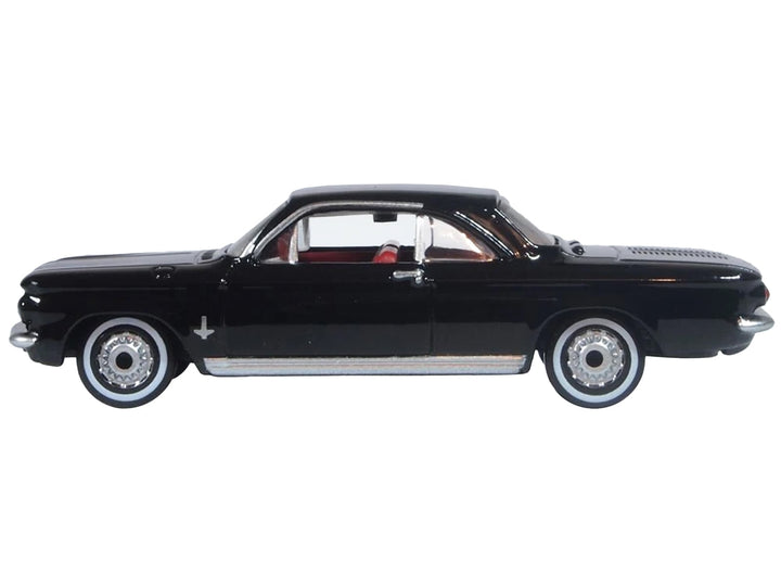 1963 Chevrolet Corvair Coupe Tuxedo Black with Red Interior 1/87 (HO) Scale Diecast Model Car by Oxford Diecast