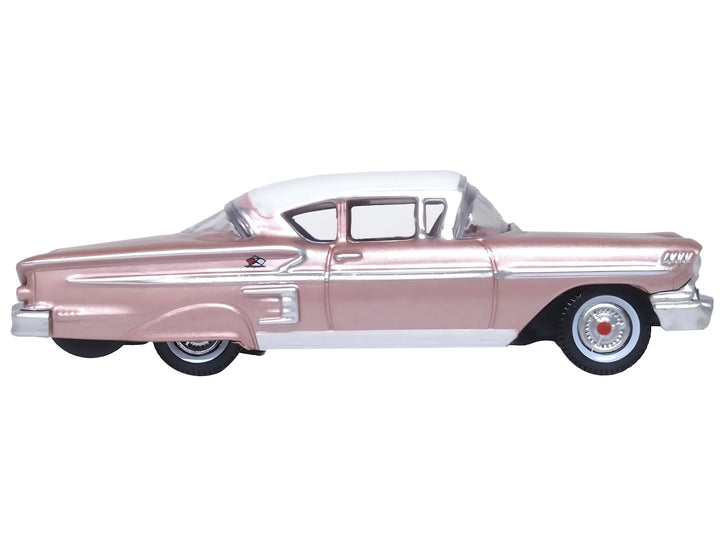 Oxford Diecast 1958 Chevrolet Impala Sport Cay Coral Pink Metallic white top 1:87