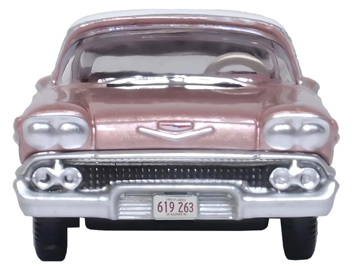1958 Chevrolet Impala Sport Cay Coral Pink Metallic with White Top 1/87 (HO) Scale Diecast Model Car by Oxford Diecast image 2