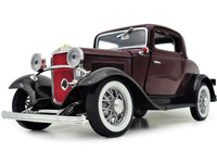 1932 Ford 3-Window Coupe Burgundy with Black Top 1/18 Diecast Model Car by Road Signature image 2