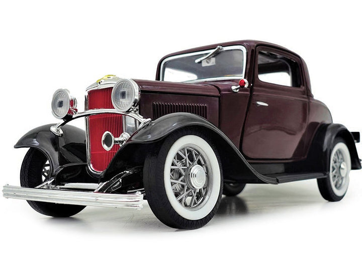 1932 Ford 3-Window Coupe Burgundy with Black Top 1/18 Diecast Model Car by Road Signature image 2