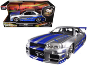 Brian's Nissan GTR Skyline R34 RHD (Right Hand Drive) Silver with Blue Stripes "Fast & Furious 25th Anniversary" 1/24 Diecast Model Car by Jada
