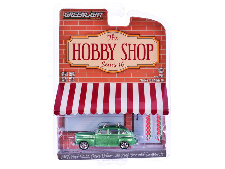 1946 Ford Fordor Super Deluxe Green Metallic with White Interior and Roof Rack with Surfboards "The Hobby Shop" Series 16 1/64 Diecast Model Car by Greenlight image 2